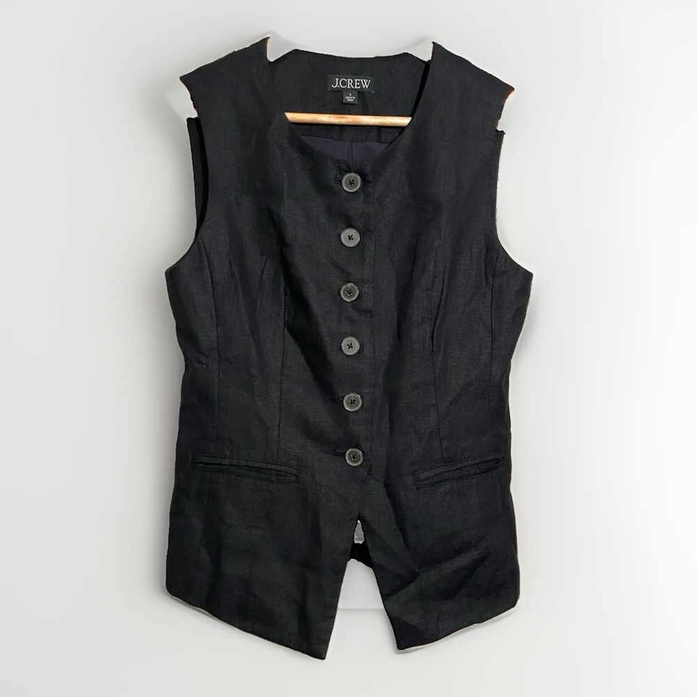 J Crew Cutaway Vest 100% Linen Adjustable Waist  Women's Sz 2 Black CI544